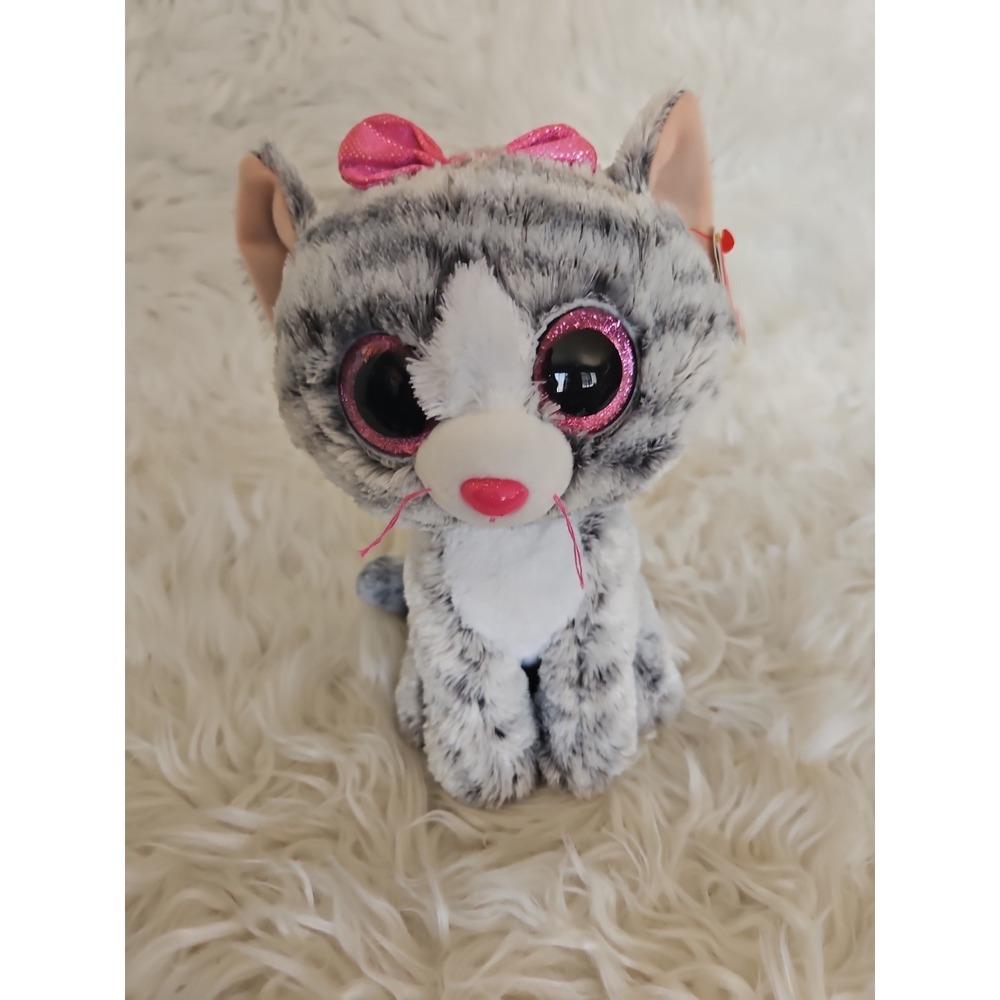 Ty Beanie Boo Kiki the Cat 9" Stuffed Toy Plush 2016 Pink Eyes Gray Striped Fur